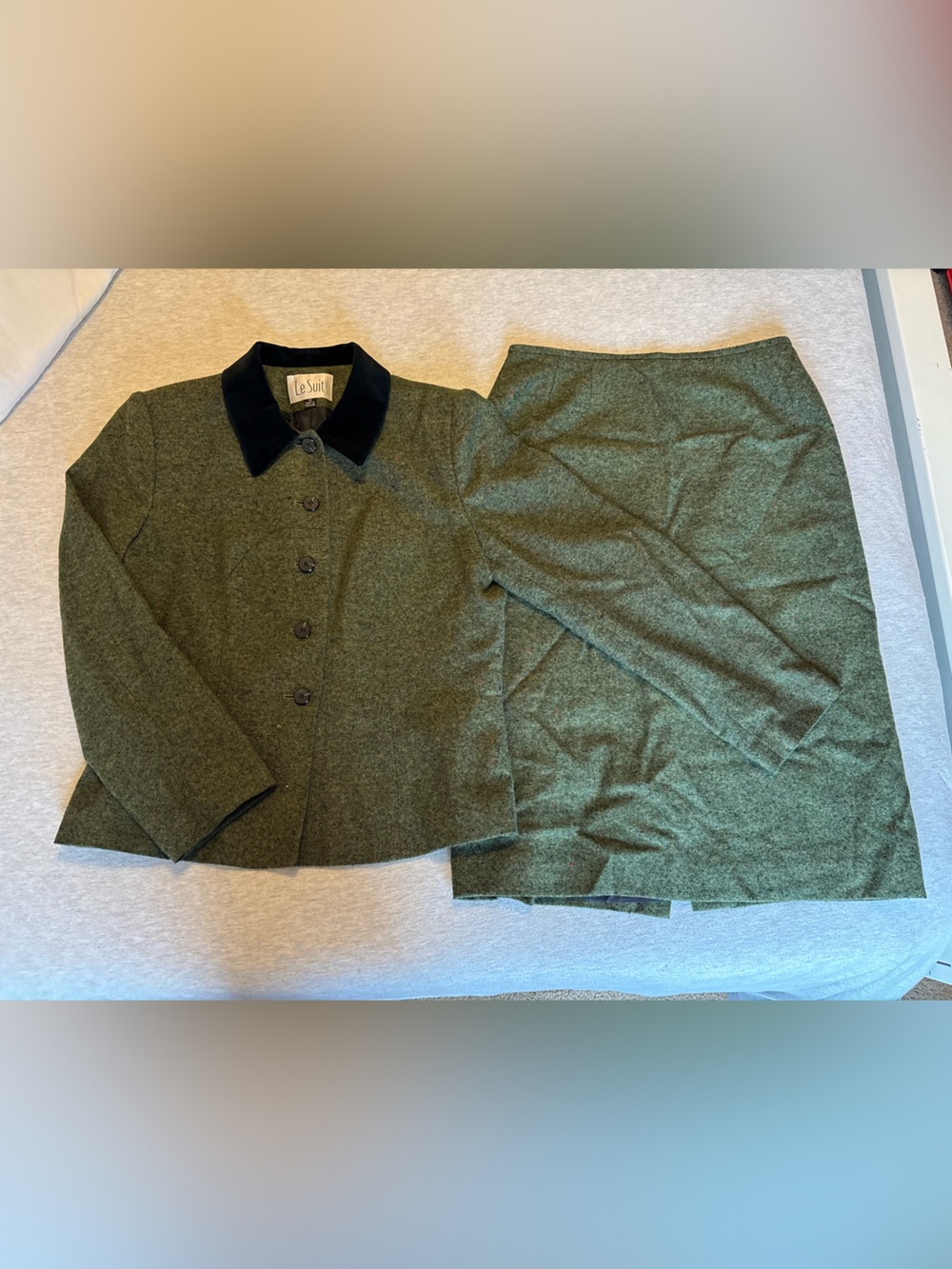 Le Suit Green Tweed Set- Jacket with Black Velvet Collar & midi skirt